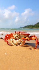 crab walking on the sandy shores of the seaside under the warm glow of daylight.
 - obrazy, fototapety, plakaty