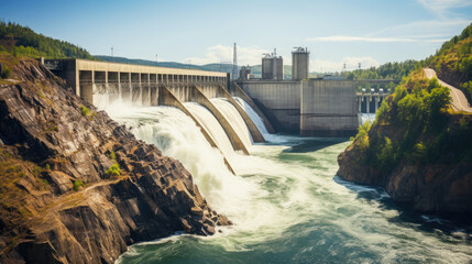 modern large hydroelectric power station on the river, bird's eye view from above, alternative renewable energy source, safe, electricity, eco-friendly, natural resource, water flow, stream, blue sky