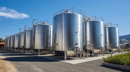 Modern wine factory with large shine tanks for the fermentation