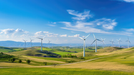 tall modern wind power plants stand along the road, landscape, network, alternative energy source, green, clean, renewable, electricity, natural, eco-friendly, sky, space for text