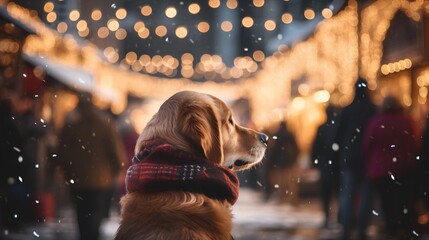 Lonely dog with scarf standing and looking to vibrant Christmas market. Winter season with frosty cold charm and festive atmosphere. Beautiful vibe with pet in urban market. Season greetings from pets - obrazy, fototapety, plakaty