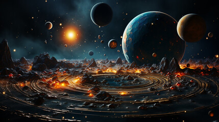 Solar system planets depicted in a psychedelic cyberpunk galaxy, the planets are 3d generative ai