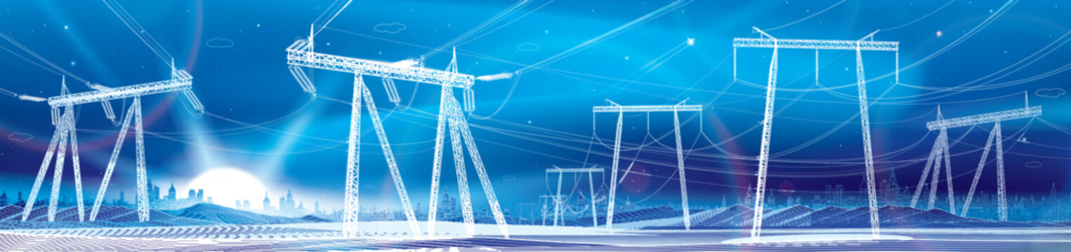 High voltage transmission system. Electricity. Neon glow. City energy infrastructure. Night landscape. Power lines. Network interconnected electrical. White otlines on blue background. Vector design
