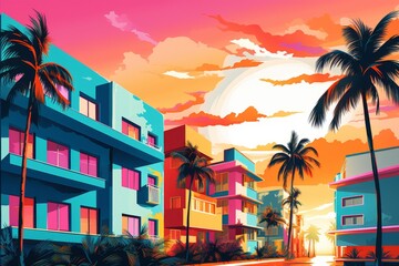 vibrant miami-inspired pop art cityscape with hyper details, Generative AI"