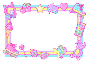 Frame with fashion girlish items. Colorful cute teenage illustration.