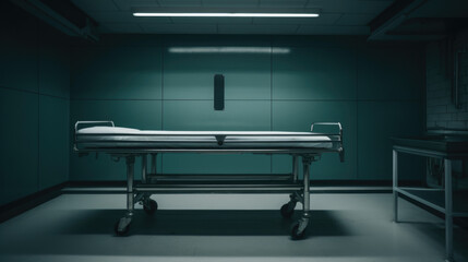 Empty metal bed in autopsy room. The table for dead body. Forensic doctor - obrazy, fototapety, plakaty