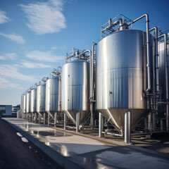 Obraz premium Modern wine factory with large shine tanks for the fermentation