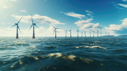 Ocean Wind Farm. Windmill farm in the ocean. Offshore wind turbines in the sea. Wind turbine from aerial view - obrazy, fototapety, plakaty