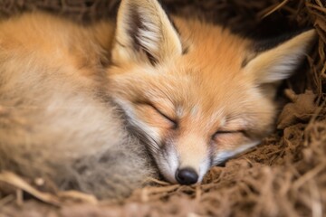 Fototapeta premium overhead view of a baby false fox sleeping next to its mother