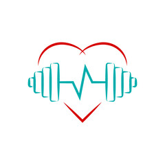 Heart with pulsating rhythm inside and barbell together. Color vector on white background.