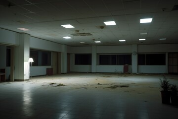 a deserted office building with lights off