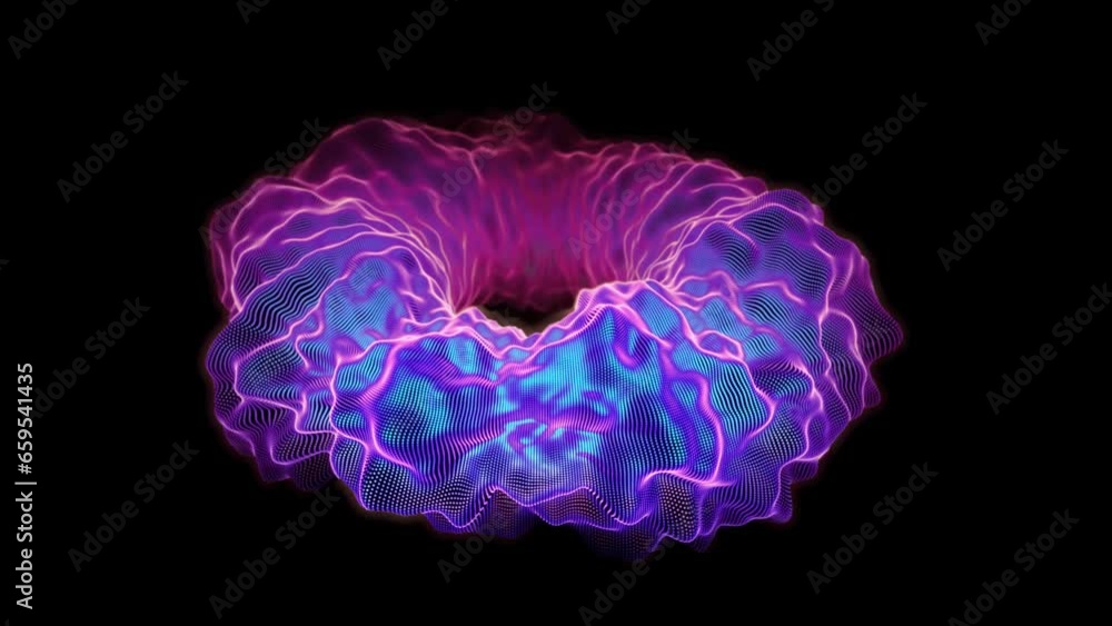 Aufkleber three-dimensional rotating luminous torus with wavy surface on black background. abstract visualizat