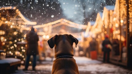 Lonely dog standing and looking to vibrant Christmas market. Winter season with the frosty cold charm and festive atmosphere. Beautiful vibe with pet in urban market. Season greetings from pets.
