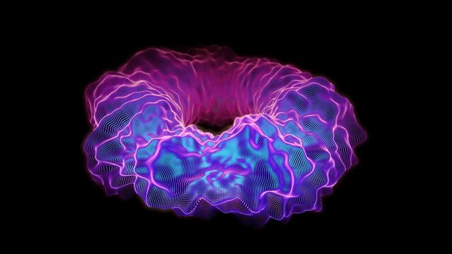 Three-dimensional rotating luminous torus with wavy surface on black background. Abstract visualization of sound wave, nuclear fusion or artificial intelligence. Looped animation of plasma matter