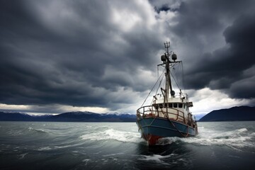 fishing trawler on the high seas under stormy clouds