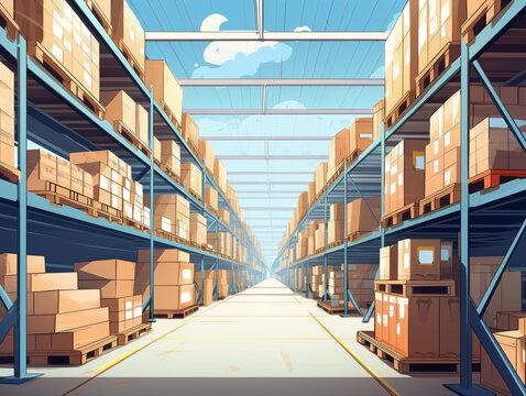 A large warehouse filled with various items neatly organized in rows on numerous shelves.