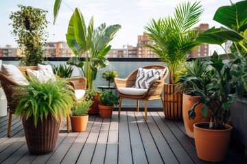 an urban roof terrace with potted plants and modern furniture