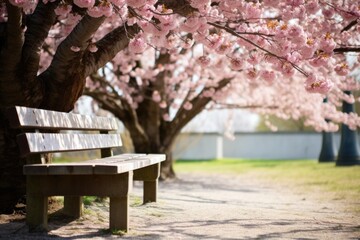 a rustic wooden bench under a blooming cherry blossom tree