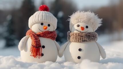 Portrait of two cute snowmen in a picturesque place