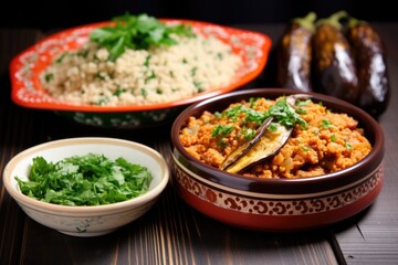 a meal of baked eggplant and a bowl of couscous