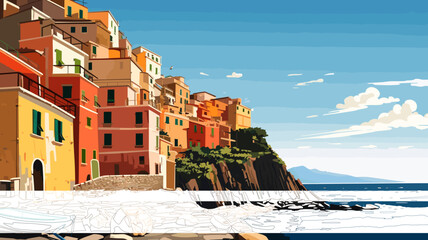 simple flat 2D illustration, hand drawn, cinque terre, italy. Beautiful view on the cinque terre coastline with typical Italian houses. Amazing Cinque terre. Tourist destination, travel destination. A - obrazy, fototapety, plakaty
