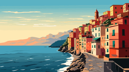 simple flat 2D illustration, hand drawn, cinque terre, italy. Beautiful view on the cinque terre coastline with typical Italian houses. Amazing Cinque terre. Tourist destination, travel destination. A - obrazy, fototapety, plakaty