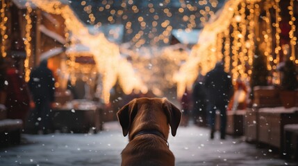 Lonely dog standing and looking to vibrant Christmas market. Winter season with the frosty cold charm and festive atmosphere. Beautiful vibe with pet in urban market. Season greetings from pets. - obrazy, fototapety, plakaty