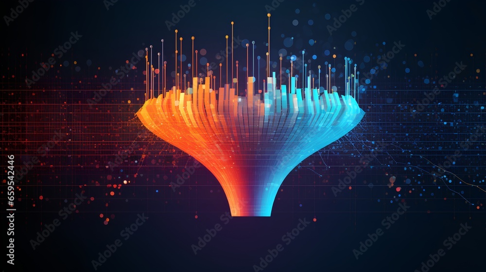 Poster big data technology and information funnel concept. large digital funnel with online data as process