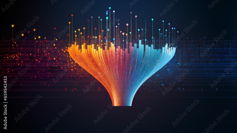 Poster big data technology and information funnel concept. large digital funnel with online data as process