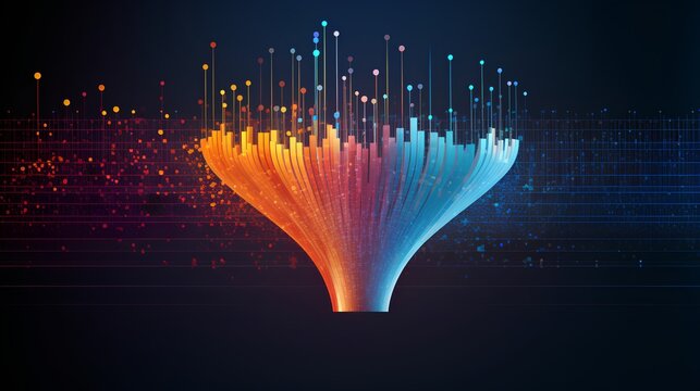 Big data technology and information funnel concept. Large digital funnel with online data as process of data collection, analysis, and transformation into useful information. Modern, digital style.
