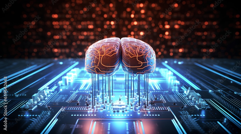 Poster big data and artificial intelligence concept. human brain glowing from processor, symbolizing the fu