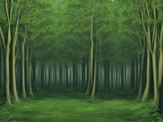 lush forest scene with a dense canopy of trees in various shades of the green tranquility of nature