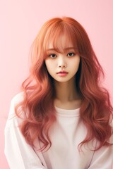 Japanese ulzzang girl with red hair gazing intently against pink backdrop