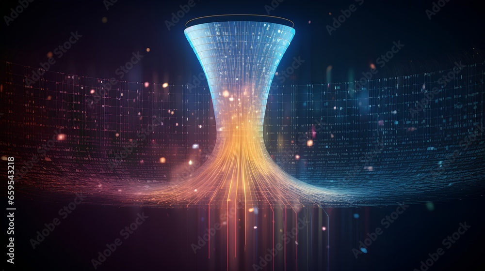 Poster big data technology and information funnel concept. large digital funnel with online data as process