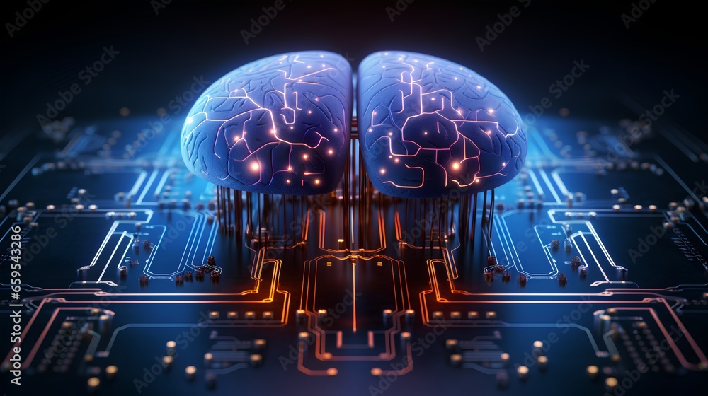 Poster big data and artificial intelligence concept. human brain glowing from processor, symbolizing the fu