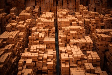 Brick warehouse, bricks pallets neatly stacked in a warehouse