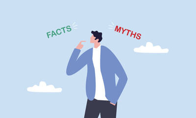 Myths vs Facts, true or false information, fake news or fictional, reality versus mythology knowledge concept, confused and doubtful businessman thinking with curiosity compare between facts or myths. - obrazy, fototapety, plakaty