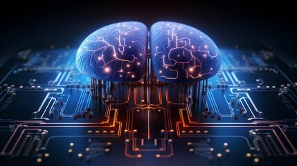 Big data and artificial intelligence concept. Human brain glowing from processor, symbolizing the fusion of human intelligence and machine learning capabilities. Evolution of technology of data.