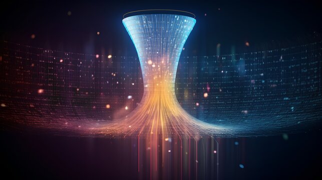 Big data technology and information funnel concept. Large digital funnel with online data as process of data collection, analysis, and transformation into useful information. Modern, digital style.