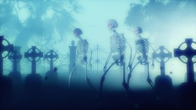 Dancing skeletons in the cemetery at night. Skeletons with red burning eyes in a graveyard in the fog. Halloween concept.