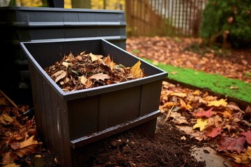 a backyard compost bin filled with leaves