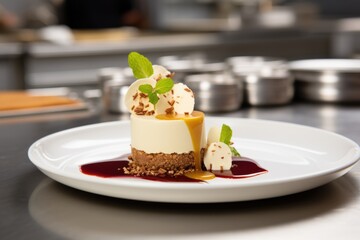perfectly plated dessert dish on a restaurant-grade kitchen counter