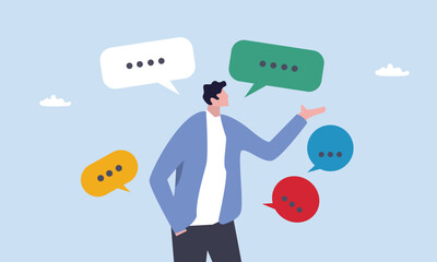 Verbal or oral communication skill, storytelling or explanation, public speaking, talking or discussion, telling message or speech concept, confidence businessman talking with multiple speech bubbles.