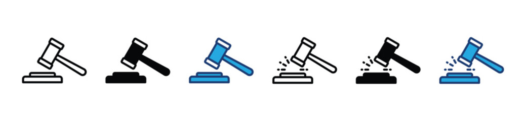 Auction hammer line icon set. Judge gavels, auction hammer, law, court tribunal icon symbol collection in line and flat style. Knock the hammer of justice. Vector illustration