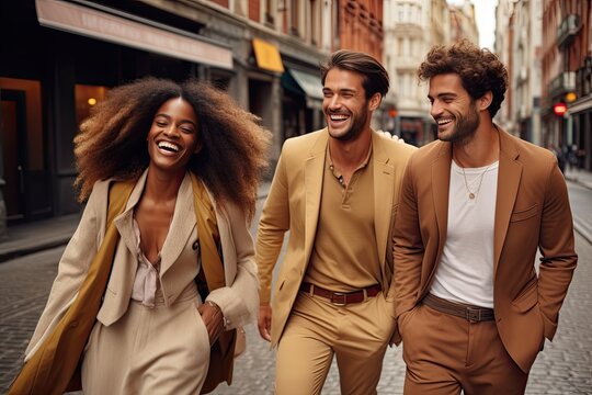 Image of a pretty smiling positive cheery young multiracial friends walking on the city