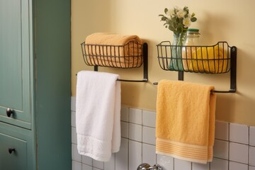 wall-hanged wire baskets with rolled hand towels