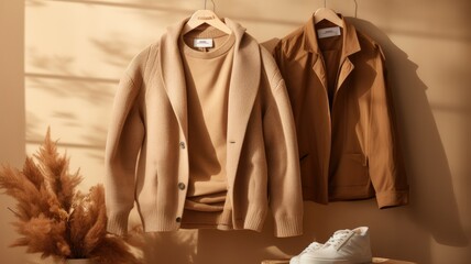 light brown sweaters and coats together, demonstrating how these classic pieces can be styled for the autumn season, the versatility of the clothing.