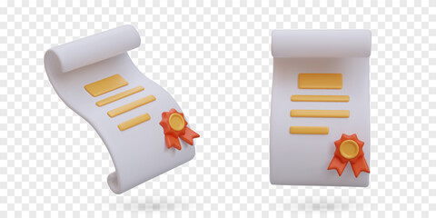 Paper certificate with gold seal and red ribbon. Qualification confirmation document. Cute award. Realistic object, front and side view. Set of isolated images