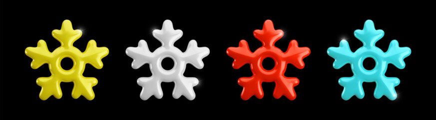Vector 3d glossy snowflakes icon set on black background. Cute realistic blue, white, gold and red winter shiny frozen snow symbol. 3d render snowflake Illustration collection for web, advert, decor