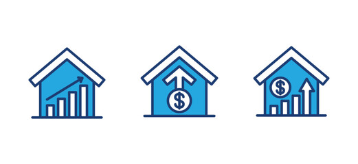 House investment growth line icon set. Growing house price icons. Rising housing costs symbol. Property value on white background. Vector illustration